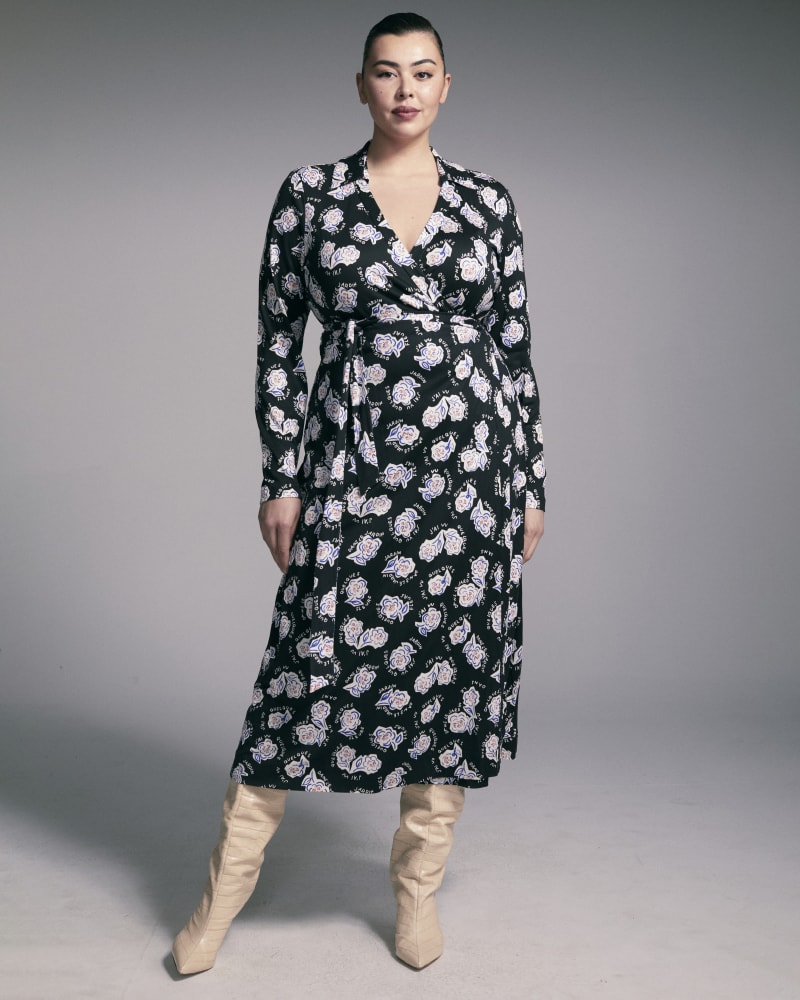 Front of a model wearing a size XL Abigail Long Sleeve Midi Wrap Dress in Dans Le Jardin by Diane Von Furstenberg. | dia_product_style_image_id:266259